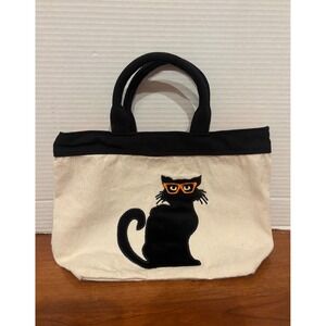 Black Cat with Glasses Canvas Mini Tote Bag Cream Orange Halloween Book Bag